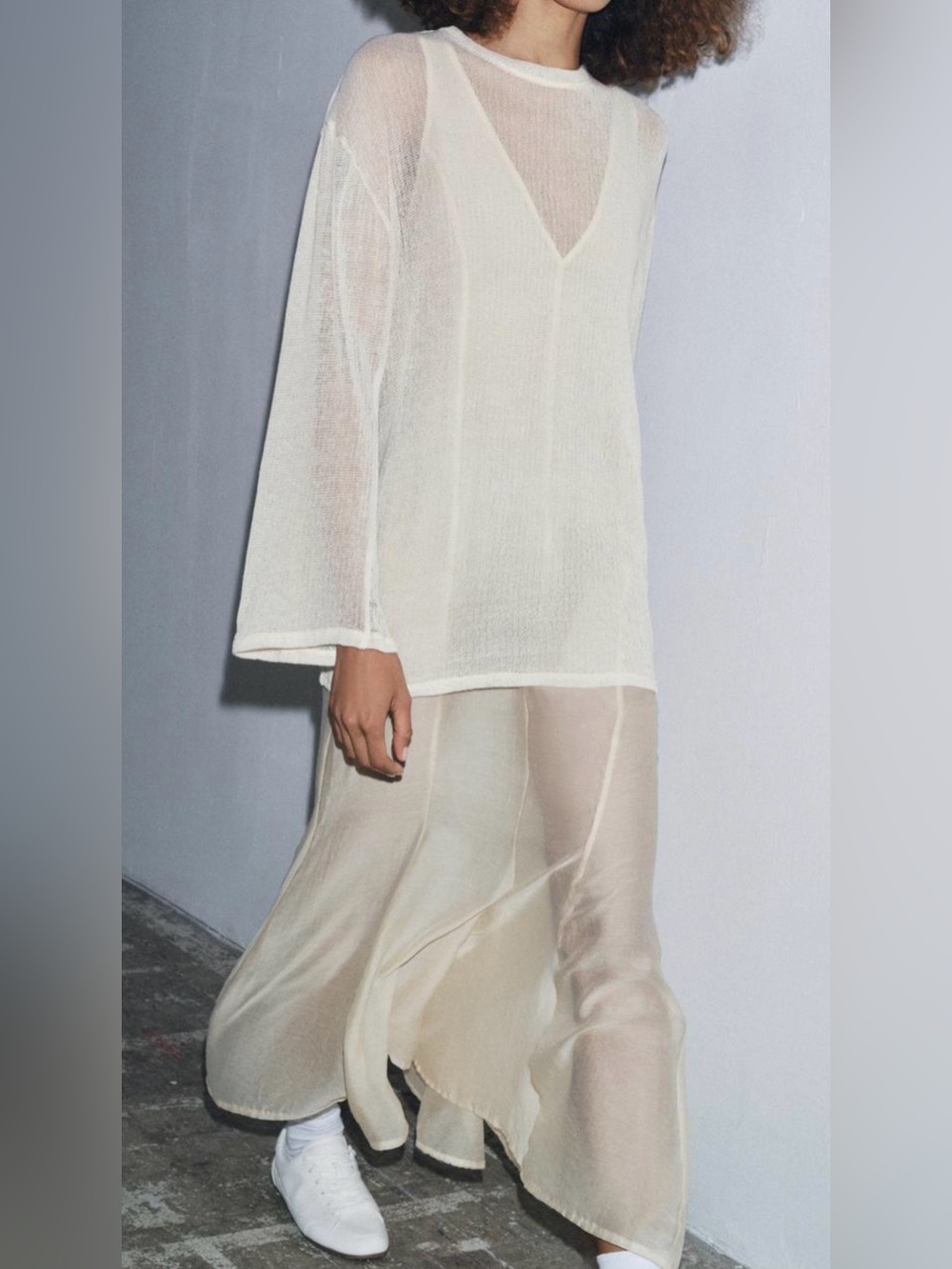 Zara Sheer Ivory Long Sleeve Maxi Dress